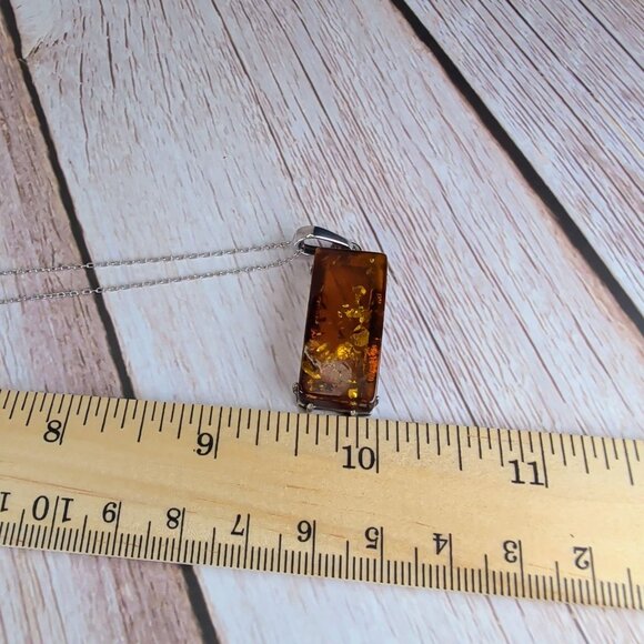 Vintage Cognac Amber Rectangle Pendant Necklace With Sterling Silver Chain - Picture 3 of 8